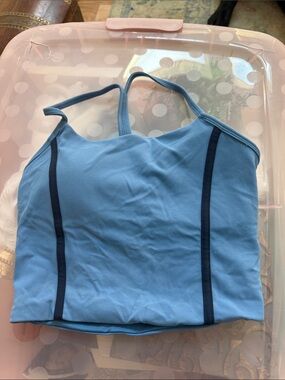 Light Blue Women's Sports Bra Tank with Navy Trim